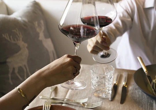 Due persone tintinnano con bicchieri di vino attorno a una tavola festiva su cui viene servito un piatto di carne arrosto e patate. - Bild größer darstellen
